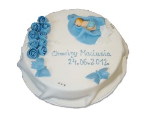 Tort na Chrzciny Maciusia we Wrocławiu z niebieskim motywem kolorystycznym